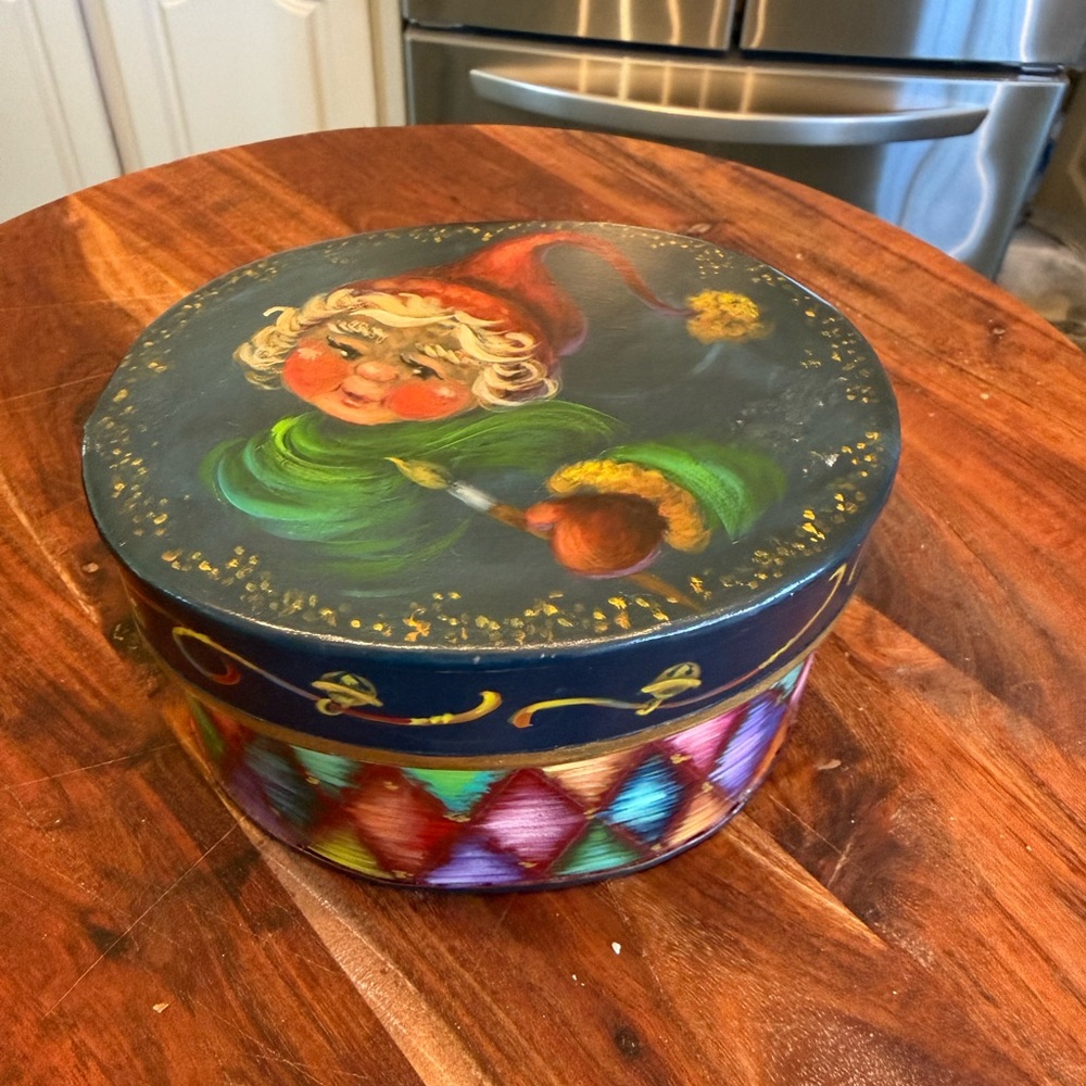 Vintage Hand painted Tin Box Trinket Gnome  Artisan JB Fay Signed Whimsical